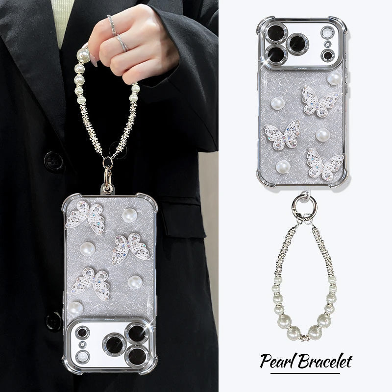 Butterfly Pearl Sparkle Phone Case – Gift-Ready iPhone Case with Strap）
