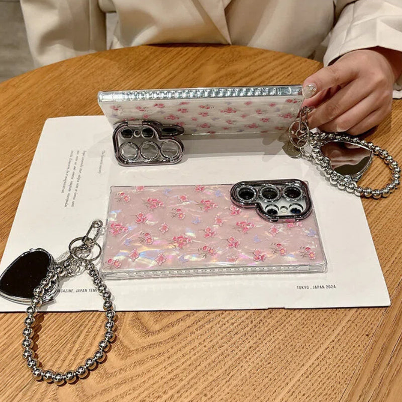 Cute Floral Phone Case with Pearl Gloss Back & Camera Stand – Full-Cover Protection