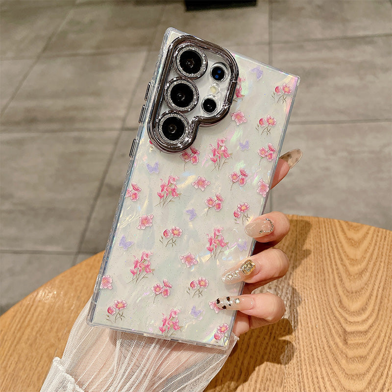 Cute Floral Phone Case with Pearl Gloss Back & Camera Stand – Full-Cover Protection