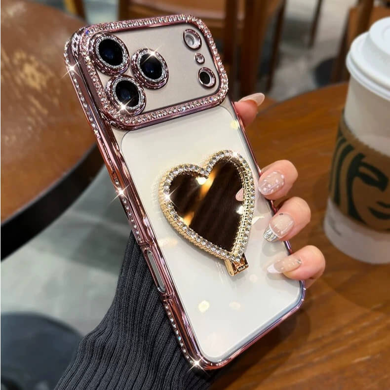 Crystal Heart Mirror Stand iPhone Case – Glam Style & Full Protection