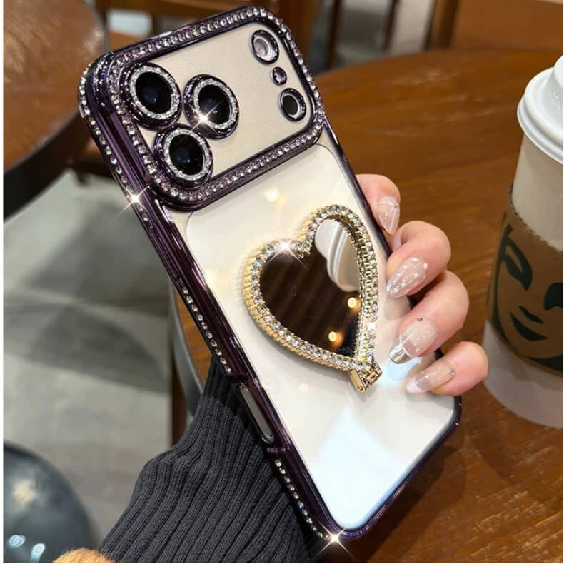 Crystal Heart Mirror Stand iPhone Case – Glam Style & Full Protection