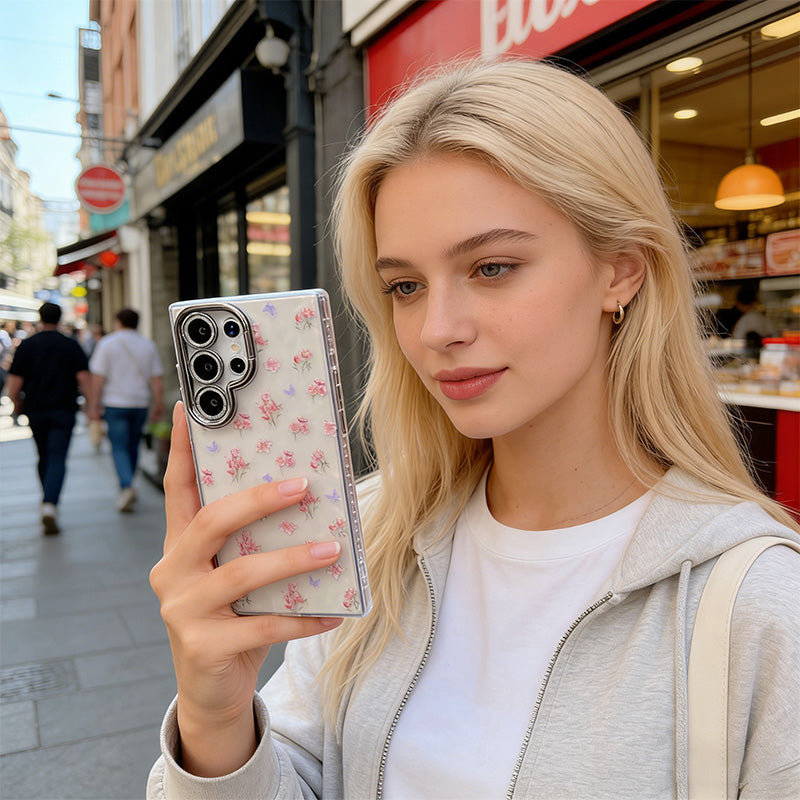 Cute Floral Phone Case with Pearl Gloss Back & Camera Stand – Full-Cover Protection