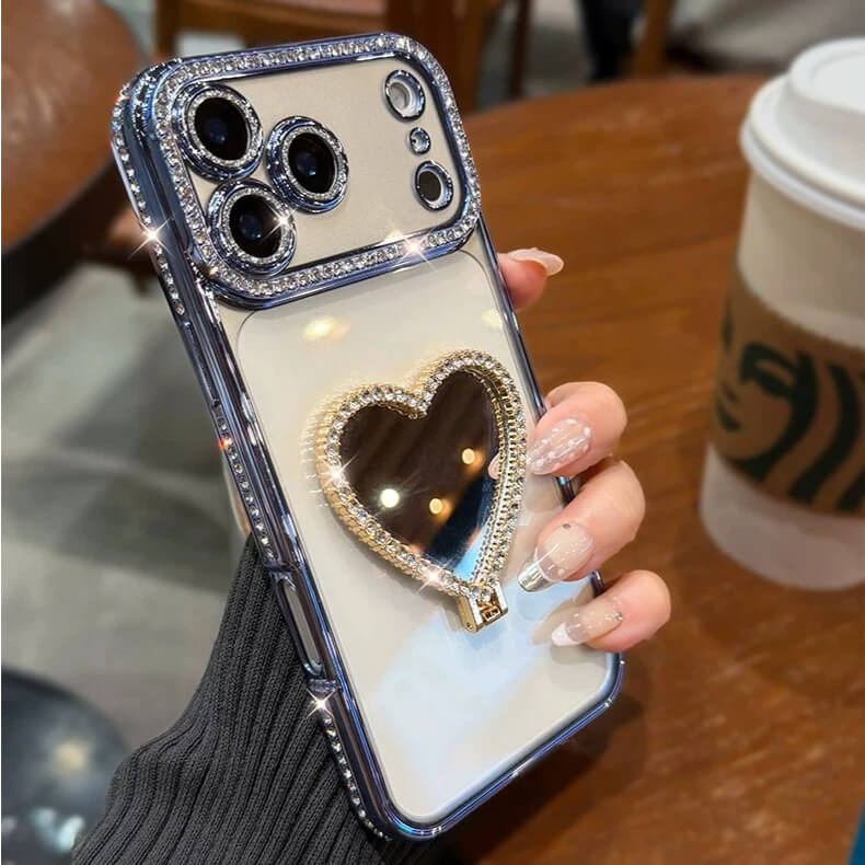 Crystal Heart Mirror Stand iPhone Case – Glam Style & Full Protection