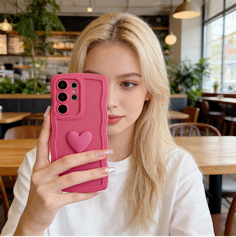 3D Heart Wavy Edge Phone Case for Samsung Galaxy Series – Cute Full-Cover Protective Case for Women