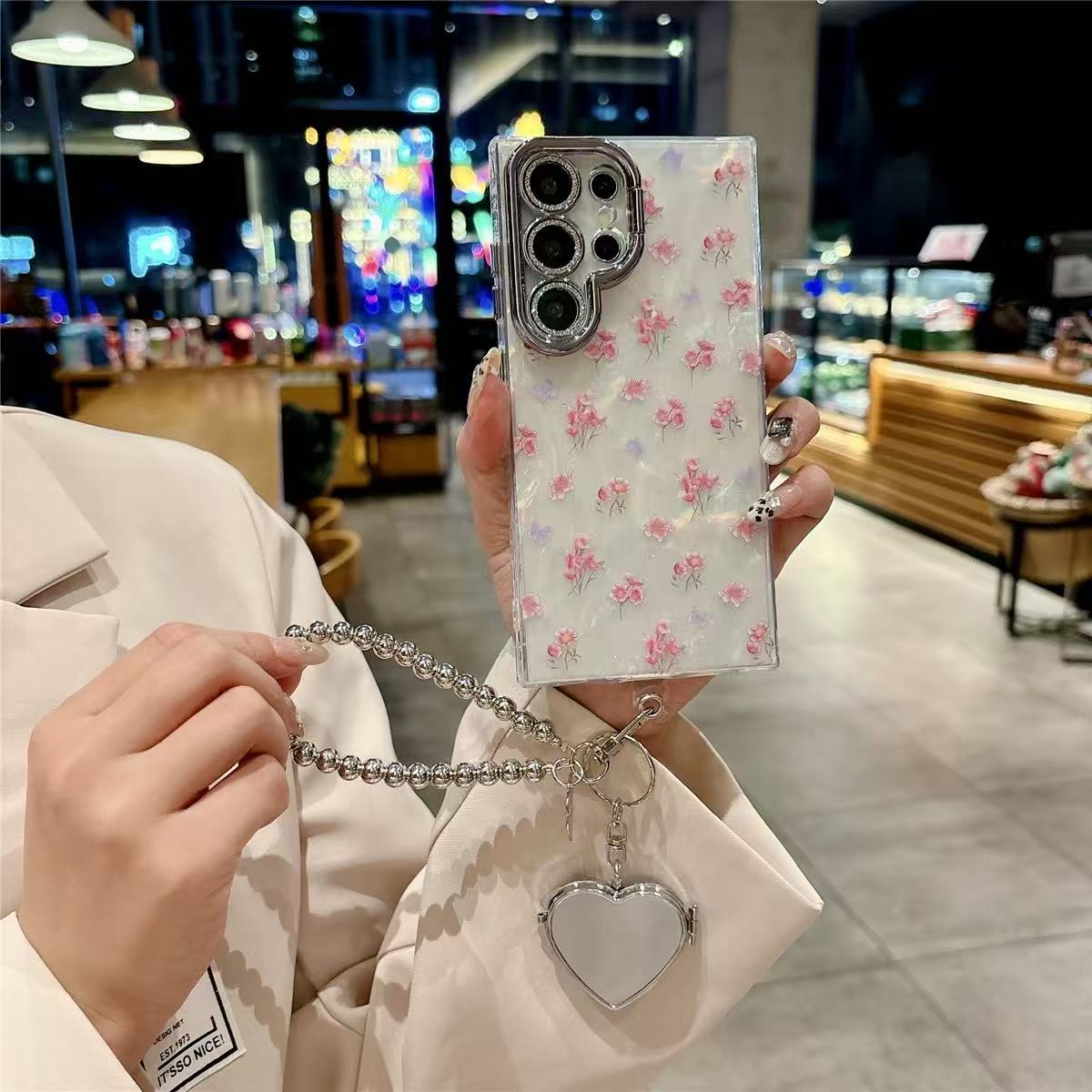 Cute Floral Phone Case with Pearl Gloss Back & Camera Stand – Full-Cover Protection