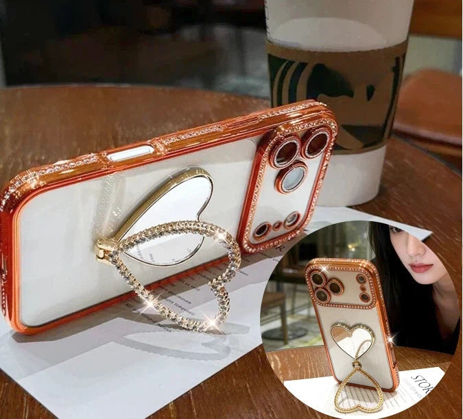 Crystal Heart Mirror Stand iPhone Case – Glam Style & Full Protection