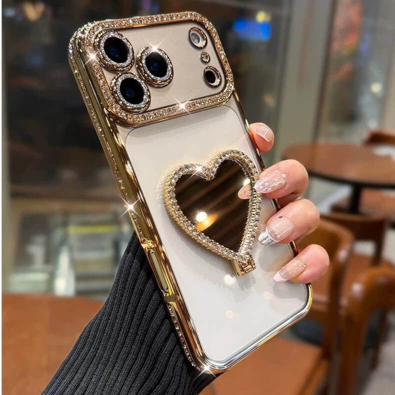Crystal Heart Mirror Stand iPhone Case – Glam Style & Full Protection