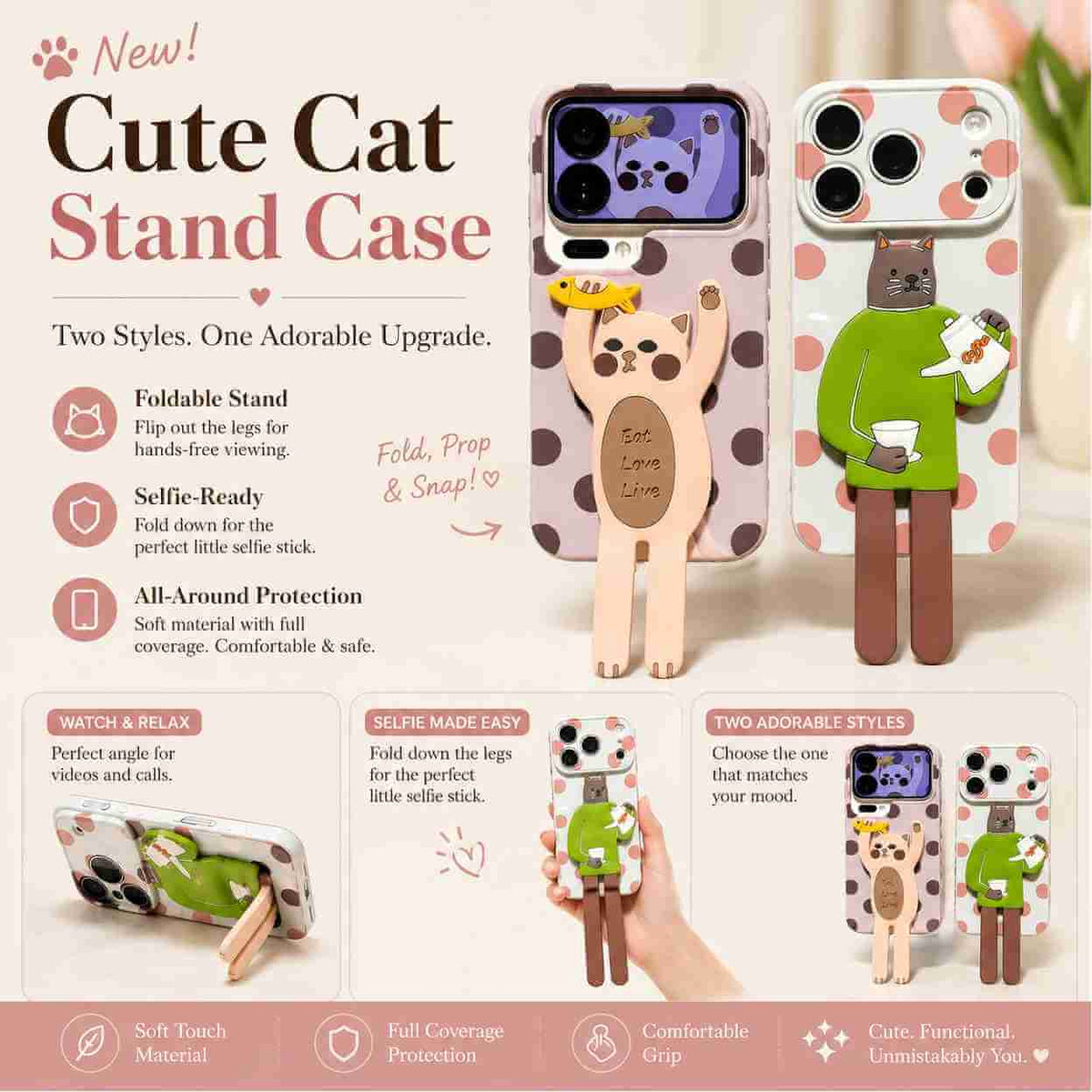 Cat Stand iPhone Case – Foldable Stand Design & Full Protection